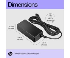 Hewlett Packard (HP) HP 45 W USB-C plytų kintamosios srovės LC maitinimo adapteris nešiojamojo kompiuterio įkroviklis / tinka ProBook 430 440 450 G6 G7 G8 G9, EliteBook 830 840 850 G6 G7 G8 G9, x360 1030 G8 G9, Dragon 1030 1040
