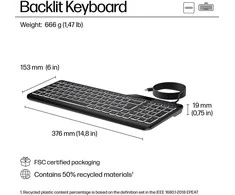 HP 405 su pašvietimu USB-C su laidu 24/7 Klaviatūra, Spill Resistant, Sanitizable, Programmable, Adjustable Tilt and LED brightness - Juodas - US ENG