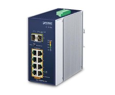 Šakotuvas Planet IP30 pramoninis 8 prievadų 10/100/1000T 802.3at PoE + 2 prievadų 100/1000X SFP Ethernet jungiklis su 12V stiprintuvu (-40 ~ 75 laipsnių C, 250 m išplėtimo režimas, PoE naudojimo šviesos diodas, dviguba 12 V maitinimas ~ 5 padidinti)