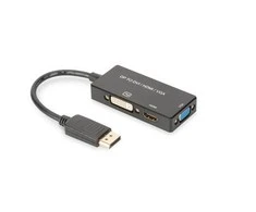 Šakotuvas Assmann Electronic ASSMANN DisplayPort konverteris kabelis DP - HDMI+DVI+VGA M-F/F/F 0 2m 3 in 1 Multi-Media kabelis CE bl auksinis