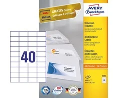 Lipnios etiketės Avery Zweckform, A4, 52.5x29.7mm, 40 etikečių lape, be rėmelio, 100 lapų, baltos spalvos