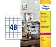 Lipnios etiketės Avery Zweckform, A4, atsparios drėgmei, 45,7x21,2mm, 48 etiketės lape, 20 lapų, baltos spalvos