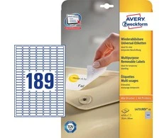 Lipnios etiketės Avery Zweckform, A4, 25.4x10mm, nuimamos, 189 etiketės lape, 25 lapai