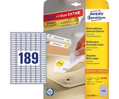 Lipnios etiketės Avery Zweckform, A4, 25.4x10mm, nuimamos, 189 etiketės lape, 25 lapai