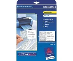 Avery Zweckform vizitinės kortelės, su lygiu kraštu, balta, matinė, A4, 185 g/m2, 85x54mm, 10vnt./A4, 10 lapų, rašaliniams spausdintuvams