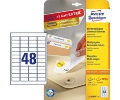 Lipnios etiketės Avery Zweckform, A4, nuimamos, 45.7x21.2mm, 48 etiketės lape, 25 lapai