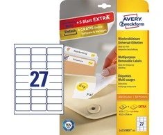 Lipnios etiketės Avery Zweckform, A4, nuimamos, 63.5x29.6mm, 27 etiketės lape, 25 lapai