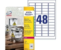 Lipnios etiketės Avery Zweckform, A4, atsparios drėgmei, 45,7x21,2mm, 48 etiketės lape, 20 lapų, baltos spalvos