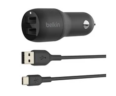 Belkin Dual USB-A automobilinis įkroviklis 24W + USB-A į USB-C laidas BOOST CHARGE Juodas