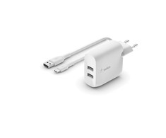 Įkroviklis Belkin Boost Charge 24W 2xUSB-A + USB-A to USB-C cable 1.0m baltas