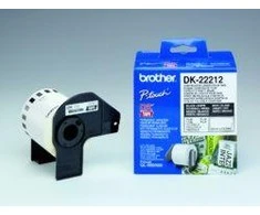 Originalus Brother DK-22212 nenutrūkstamo ilgio kino juostos stiliaus etikečių ritinėlis – juodos raidės baltame fone, 62 mm.