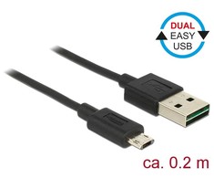 KABELIS USB MICRO(M)->USB-A(M) 2.0 0.2M DUAL EASY-USB JUODA DELOCK