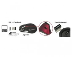 Ergonomiška vertikali optinė 5 mygtukų pelė 2,4 GHz bevielė DeLOCK raudona/juoda / 12528