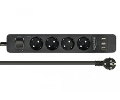 Delock Steckdosenleiste 4-fach mit Schalter und 3 x USB juodas