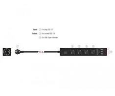 Delock Steckdosenleiste 4-fach mit Schalter und 3 x USB juodas