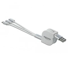 DELOCK USB 3in1 ištraukiamas 8 kontaktų įkrovimo kabelis / Micro USB / USB Type-C baltas