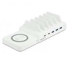 Delock 6 in 1 USB įkrovimo stotelė su belaidžiu įkrovikliu 2 x USB-C PD + 3 x USB A su