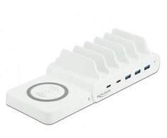 Delock 6 in 1 USB įkrovimo stotelė su belaidžiu įkrovikliu 2 x USB-C PD + 3 x USB A su