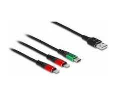 „Delock“ USB įkrovimo laidas „3 viename“ nuo A tipo iki 2 x „Lightning“ / „C“ tipo USB laidas, 1 m
