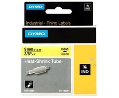 DYMO Rhino, kabelių žymėjimo vamzdelis, 9 mm, juodas tekstas ant geltonosio vamzdelio, 1,5 m skirtas kabelio skersmeniui nuo 2,0 mm iki 5,2 mm. DYMO / 18054