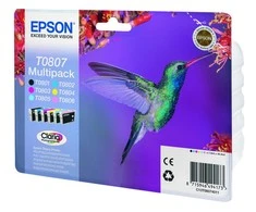 Epson „Hummingbird“ kelių spalvų pakuotė, 6 spalvos, T0807 „Claria“ fotografinis rašalas, juoda, žydra, šviesiai žydra, šviesiai rausvai raudona, rausvai raudona, geltona, 1 vnt., kelių spalvų pakuotė