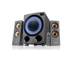 Kompiuterio kolonėlės Fenda F&amp;D F770X 2.1 daugialypės terpės garsiakalbiai, 76 W RMS, 4x2,5 colių palydovai + 5,25 colių žemųjų dažnių garsiakalbis, BT 5.0 / optinis / AUX / USB / FM / kelių spalvų LED / LED Ekranas / nuotolinio valdymo pultas / medinis / Juodas