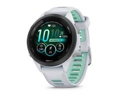 Išmanusis laikrodis Garmin Forerunner 265S. Juodas apvadas su baltojo akmens spalvos korpusu ir baltojo akmens bei žalsvos spalvos silikoniniu dirželiu