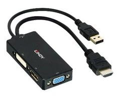 Adapteris - LINDY HDMI į DisplayPort, DVI ir VGA Konverteris, 4K@30Hz, 1920x1200@60Hz, Juodas