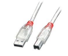 USB Kabelis - LINDY USB 2.0 Type A į B Laidas, M/M, Didelis/Vidutinis/Mažas Greitis, 2 m, Skaidrus