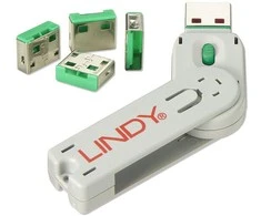 USB Priedas - LINDY USB A Prievado Blokatorius 4 vnt. + Raktas, 55x19x12mm, Žalias