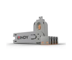 USB Prievado Blokatorius - LINDY USB A Prievado Blokatorius, 4 vnt + USB Type A Prievadai su Raktu, Oranžinis