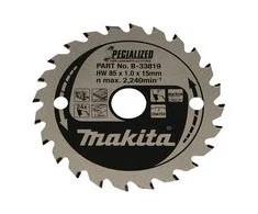 Makita T.C.T. pjūklas SPECIALIZED 85X1X15mm 7° T24 B-33819 T.C.T • 85 x15 mm • T24 • 7° • MDF/laminatui
