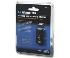 Intracom MANHATTAN Hi-Speed USB 3-D garso adapteris su mikrofono įvesties ir garso išvesties jungtimi per bet kurį USB prievadą 3D ir virtualų 5.1 erdvinį garsą