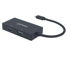MANHATTAN USB-C 3-in-1 kelių prievadų A/V keitiklis USB-C į DVI HDMI arba VGA Females 4K30Hz HDMI 1080p prie VGA arba DVI Juodas