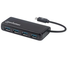„Manhattan Manhatta“ 4 prievadų USB 3.2 Gen 1 šakotuvas, USB-C nuo 4 USB-A lizdų, 5 Gbps perdavimo sparta, maitinamas autobusu, Juodas, 164924