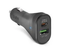 SBS TECRPD25W automobilinis įkroviklis 25W USB-A USB-C su Power Delivery – juodos spalvos