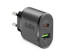 Kelioninis įkroviklis USB Type C PD 25W + USB AFC By SBS Juodas