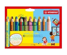 Stabilo Woody Duo 3in1 kreidelės, 10 vnt. + drožtukas