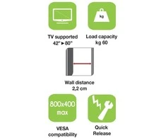 Laikiklis Techly 42–80 colių LED/LCD televizoriaus laikrodžio rodyklė, 60 kg, plonas, 22 mm