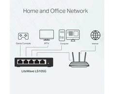 Šakotuvas TP-LINK LiteWave 5 prievadų gigabito darbalaukio komutatorius su 5 gigabito RJ45 prievadais, plieniniame korpuse