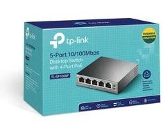 Šakotuvas TP-LINK 5 prievadų 10/100Mbps stalinis komutatorius su 4 prievadų PoE, 5 10/100Mbps RJ45 jungtimis, įskaitant 4 PoE jungtis, 58 W PoE maitinimo šaltinį, plienas