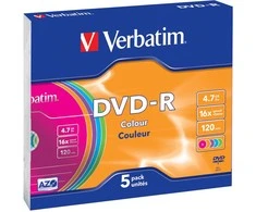 VERBATIM DVD-R 120 min. / 4,7 GB 16x 5 pakuočių plonas juvelyrinis dėklas DataLife Plus, spalvotas paviršius
