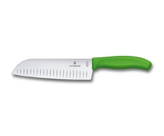 Victorinox šveicariškas klasikinis santoku peilis su dantyta geležte, 17 cm žalia
