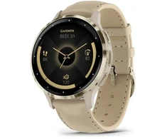 Išmanusis laikrodis Garmin Venu® 3S Šviesaus aukso spalvos nerūdijančiojo plieno apvadas su žalsvai pilkos spalvos korpusu ir odiniu dirželiu