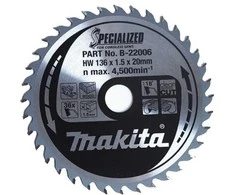 Makita T.C.T. pjūklas SPECIALIZED 136X1.5X20mm 18° T36 B-22006 T.C.T • 136 x20 mm • T36 • 18° • Medienai