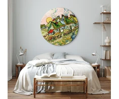 Apvalus paveikslas ant drobės - Vincent van Gogh Šiaudiniai nameliai saulėje