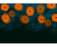 Fototapetai - Akvarelinė kompozicija oranžiniai raštai subtiliame lapų fone