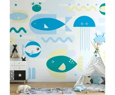 Fototapetai - Jūros gyvūnai geometrinės mėlynos žuvys vaikams