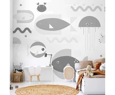 Fototapetai - Minimalistinis pilkas vandenynas geometrinės žuvys vaikams