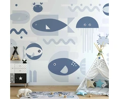 Fototapetai - Minimalistinis vandenynas geometrinės žuvys ir krabai vaikams